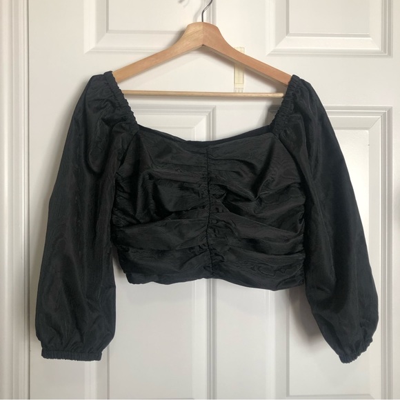 J. Crew Black Ruched Puff Sleeve Crop Top BD809 NWOT - Picture 2 of 8
